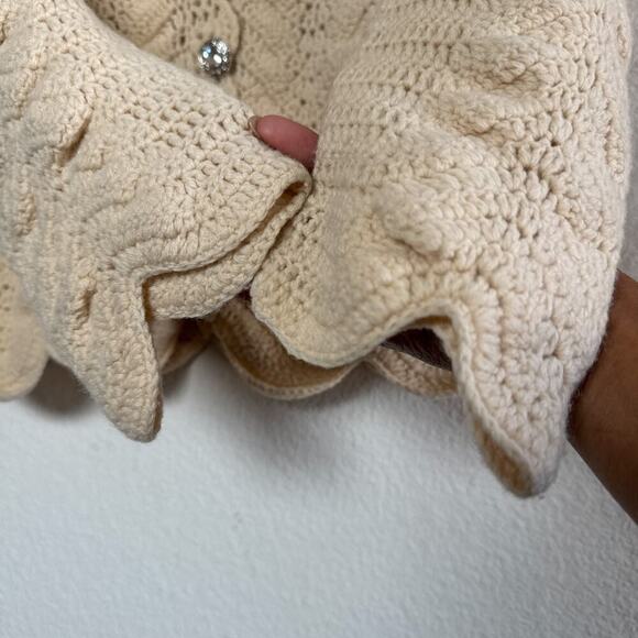 Mercer & Madison Lambswool Crochet Cardigan PS Cream Scallop Hem Crystal Buttons - Picture 10 of 11